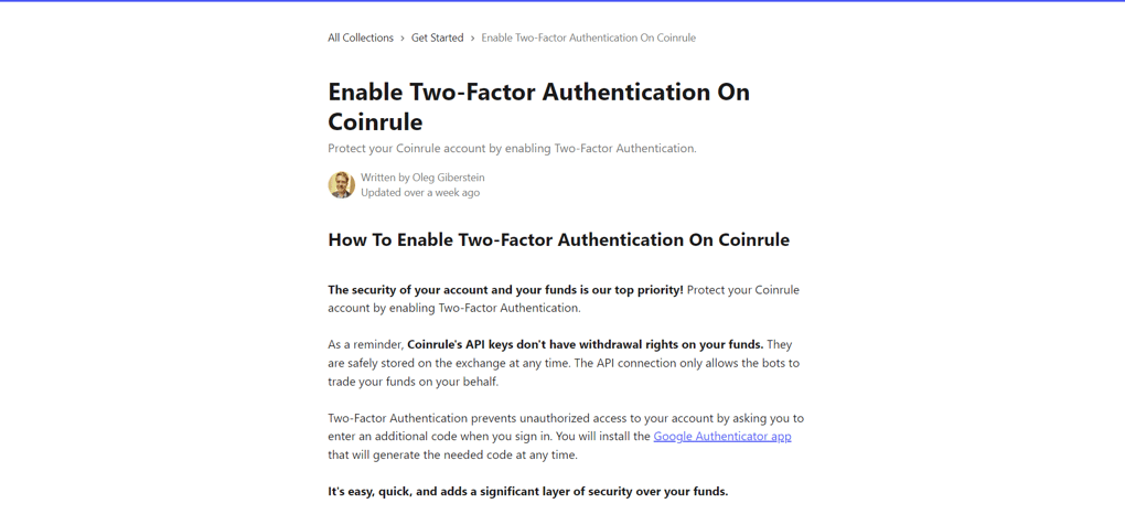 Two-factor authentication settings in Coinrule interface