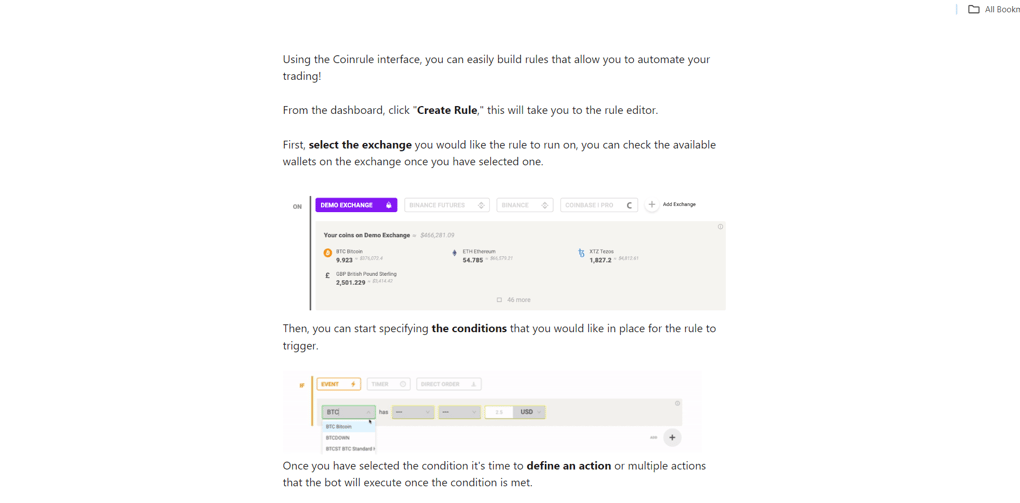 User interface of Coinrule showing trading rule creation