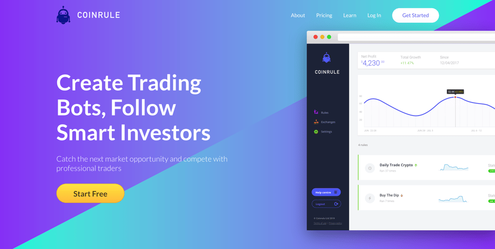Coinrule homepage for crypto trading bots