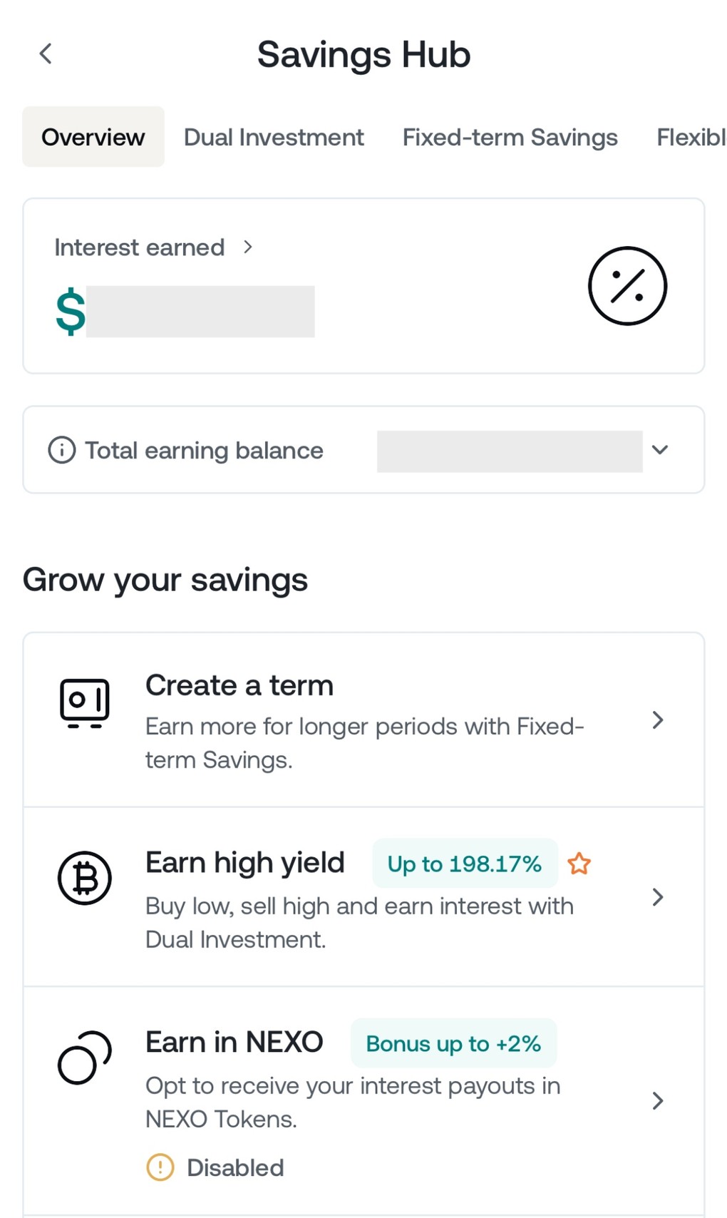 Nexo screenshot with their passive income solutions