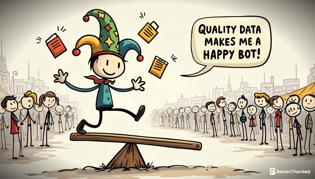 “A humorous sketch of a bot juggling tasks in a chaotic marketplace”