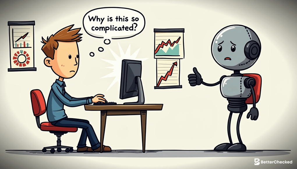 <A SIMPLE DRAWING SHOWING A NEWBIE LEARNING TO USE A TRADING BOT WITH A FRIENDLY GUIDE>